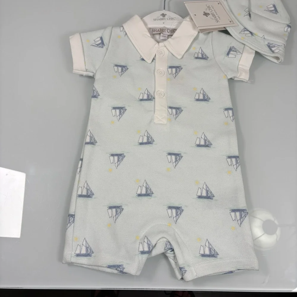 Shabby Chic Kids 3/6M Blue Sailboat Romper Hat Set NEW Nautical Snap Romper